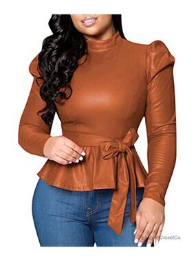 Faux Leather Long Sleeve Peplum Top Mock Neck Blouse